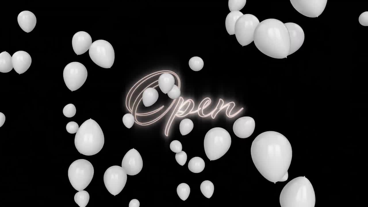Multiple white balloons floating over neon open text signboard against black background