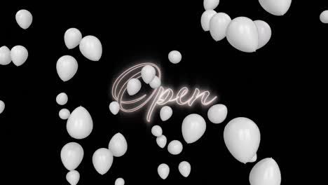 multiple white balloons floating over neon open text signboard against black background