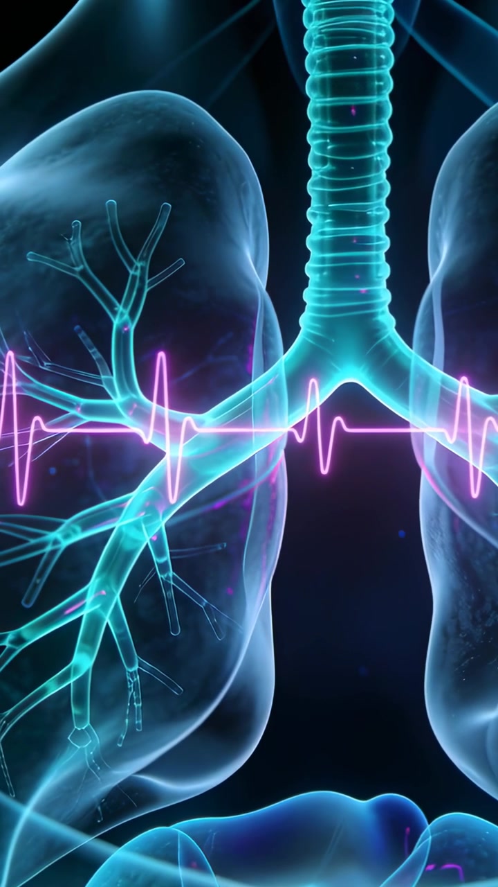 Video verticale: Polmoni e vie aeree pulsanti che reagiscono a picchi ECG magenta in una scena in computer grafica con piccoli bagliori.