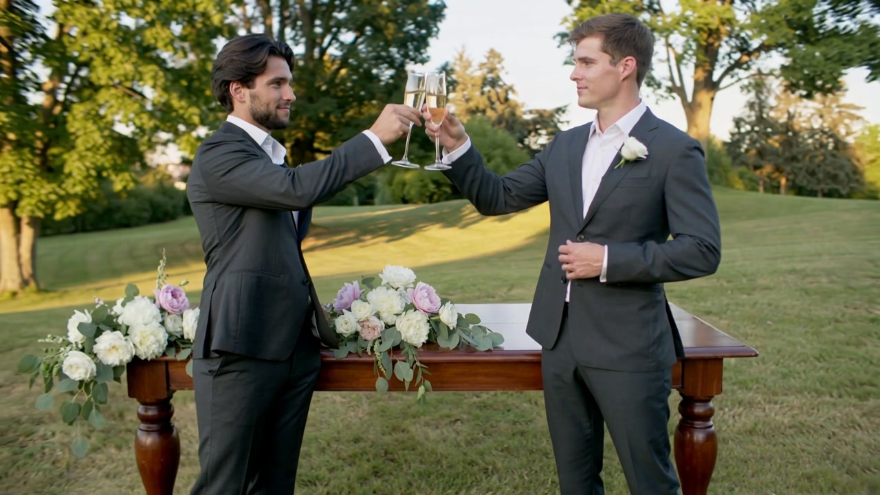 Raising flutes, 2 grooms in suits toasting on lawn, celebrating wedding near floral centerpiece