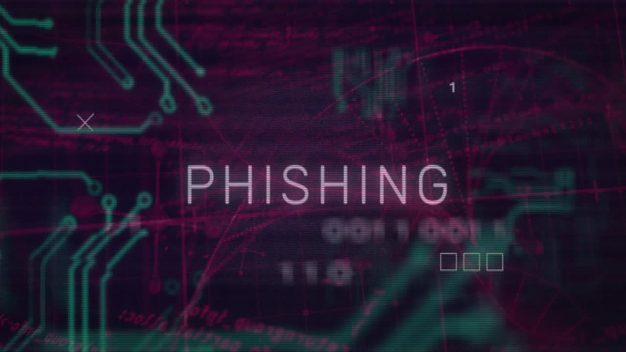Phishing text animation over digital circuit board and binary code background