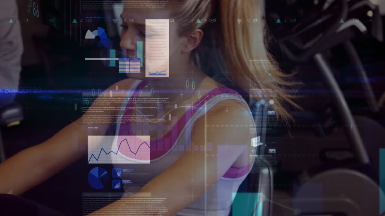 Woman gripping and pulling handles on machine in gym, starting workout while HUD graphs overlaying