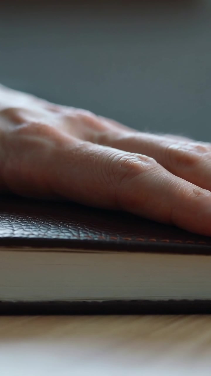Vertical video: Lowering right hand settling onto leather notebook on tabletop, holding it closed