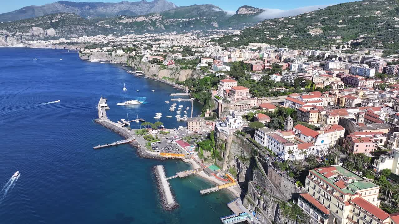 Sorrento Beach At Sorrento In Naples Italy. Coastal City. Waterfront Landscape. Sorrento Beach At Naples Italy. Beach Scenery. Medieval Buildings. Sorrento Skyline. Amalfi Coast.