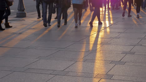 vista de abajo de las piernas de la gente contra los rayos del atardecer en el pavimento