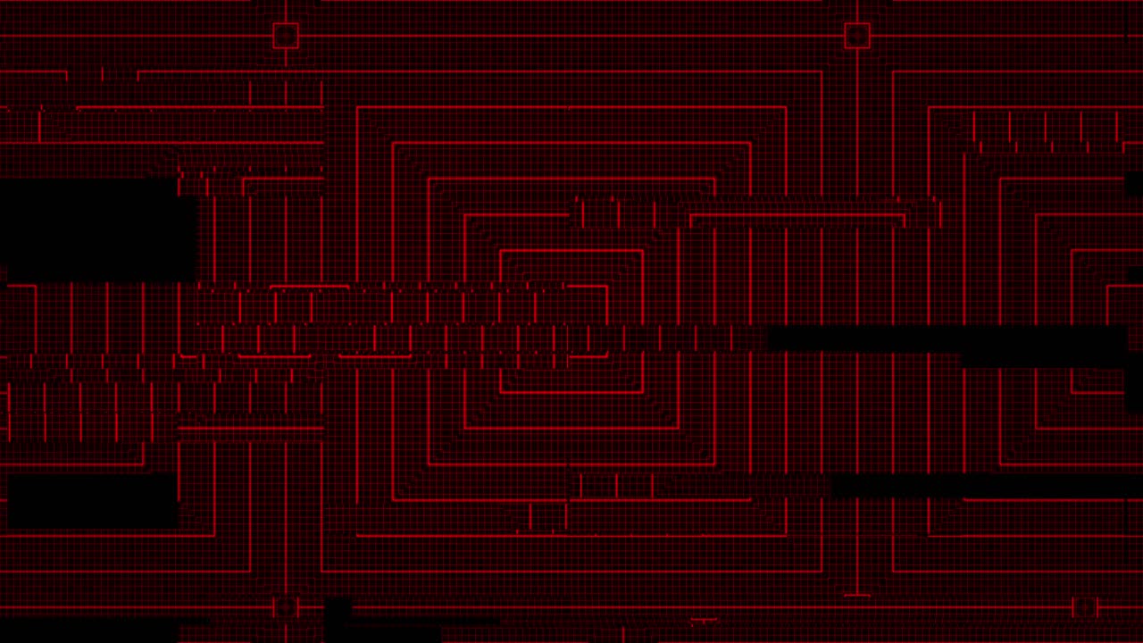 animación carmesí roja de estilo de ciencia ficción de daño digital y fallo en la cuadrícula de visualización de auriculares de cuadrados