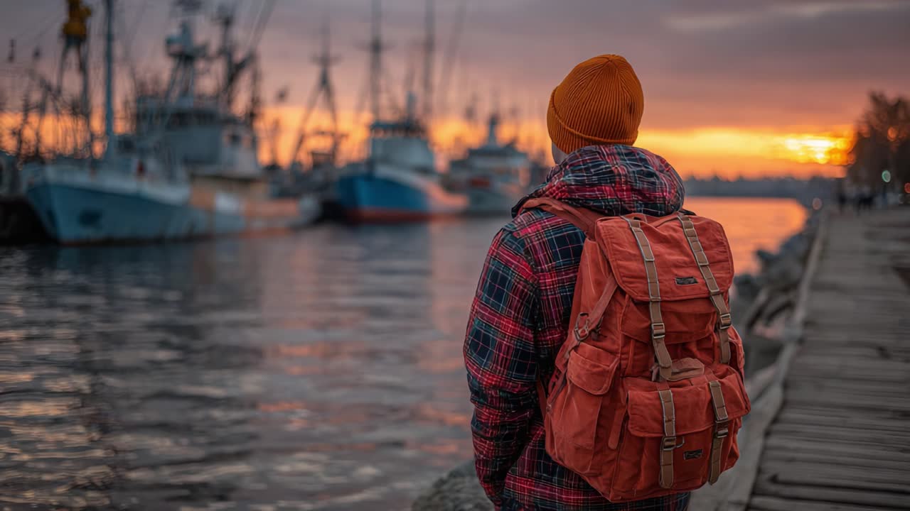 Gelassene abendliche Spiegelung am Hafen: Ein junger Entdecker in gemütlicher Kleidung betrachtet das friedliche Wasser und die leuchtenden Farben der Abenddämmerung am Horizont des Hafens.