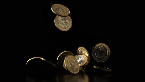 video animation. slow motion of euro coins falling on an isolated black background.