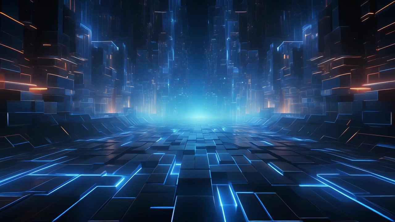 Futuristic Digital Corridor with Glowing Blue and Orange Light Lines