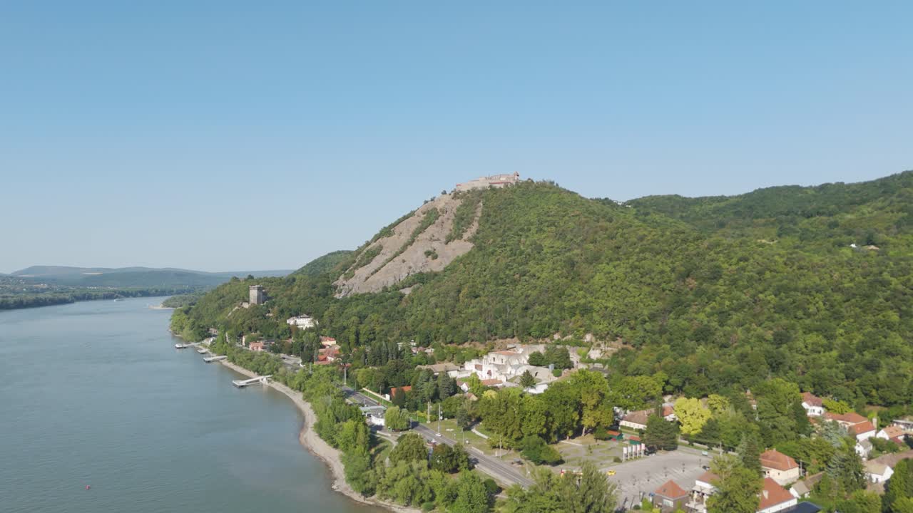 Aerial view of Visegrád Castle hill rising above the Danube River Hungary