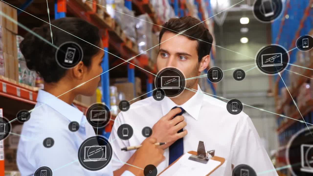 анимация сетей соединений с иконами над людьми, работающими на складе