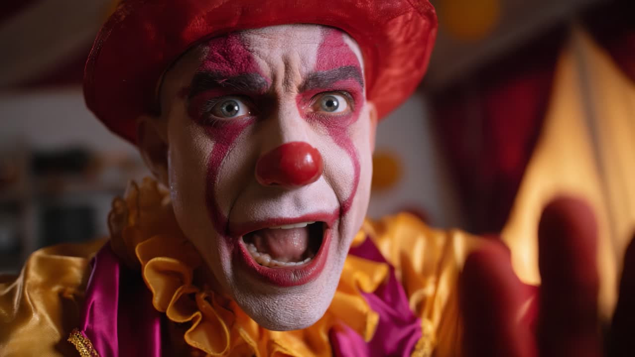 A Clown's Intense Performance: Capturing the Emotion and Energy of a Colorful Character in a Vibrant and Dramatic Scene Filled with Expressive Gestures