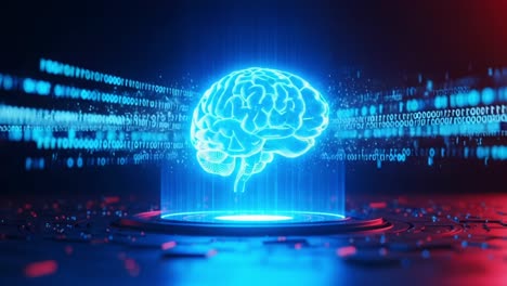 a glowing digital brain surrounded by streams of binary code signifying advanced technology and artificial intelligence in a futuristic environment
