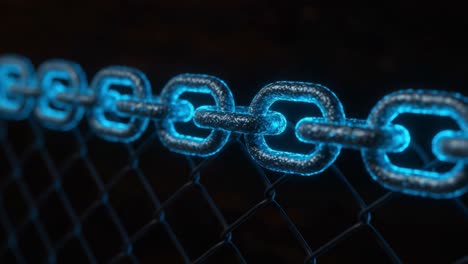 a close-up view of a glowing blue chain link fence, highlighting its intricate design and textures in an enigmatic dark setting