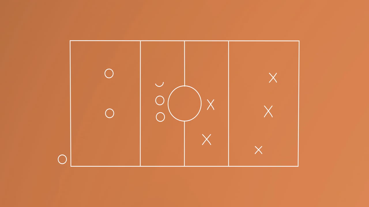 스포츠 코트에서 화살표, 원 및 x 기호를 가진 게임 계획의 애니메이션