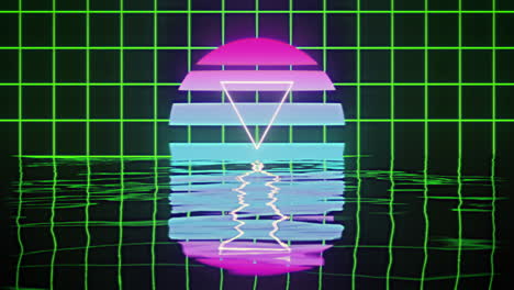 animación de un triángulo blanco sobre un círculo de color rosa a azul brillante sobre una cuadrícula verde reflejada en el agua