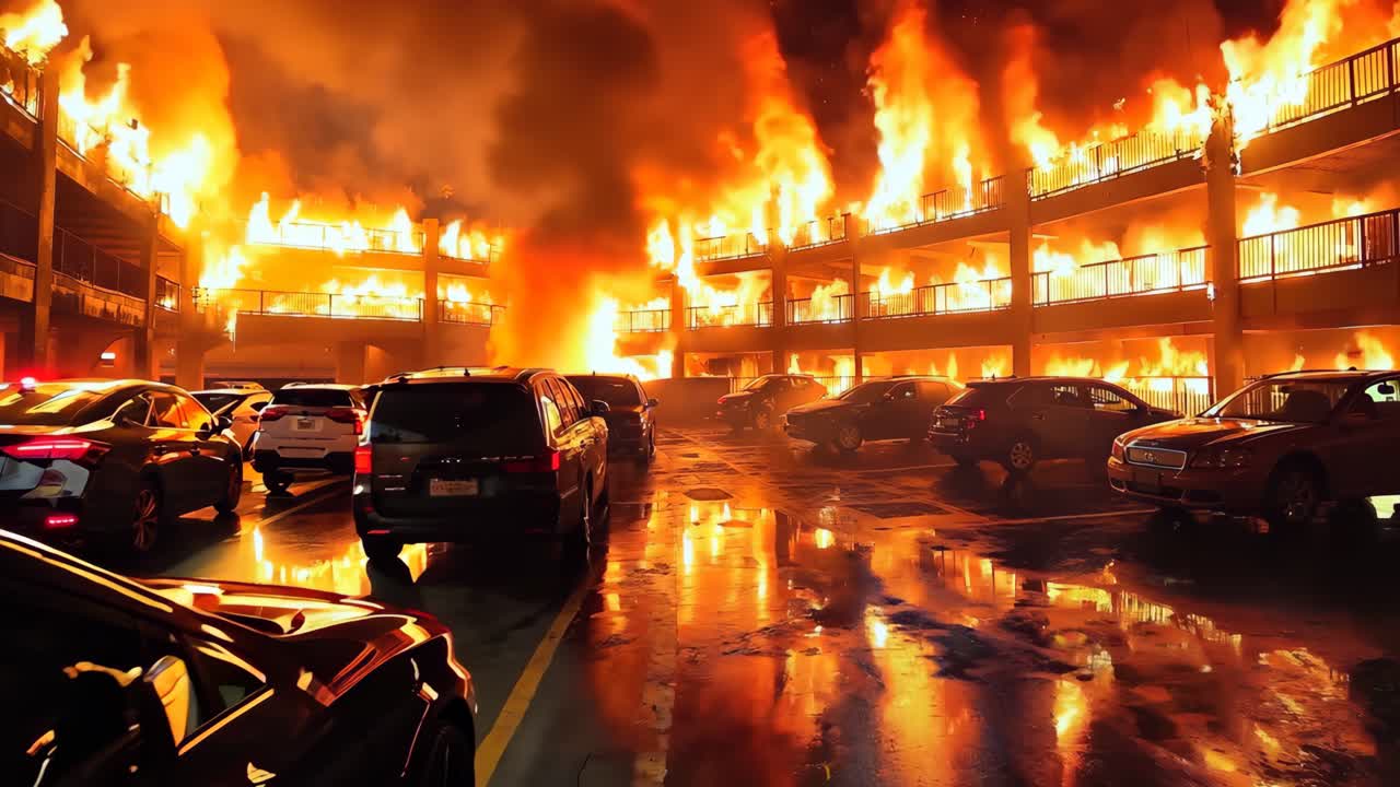 불타는 자동차로 가득 찬 주차장