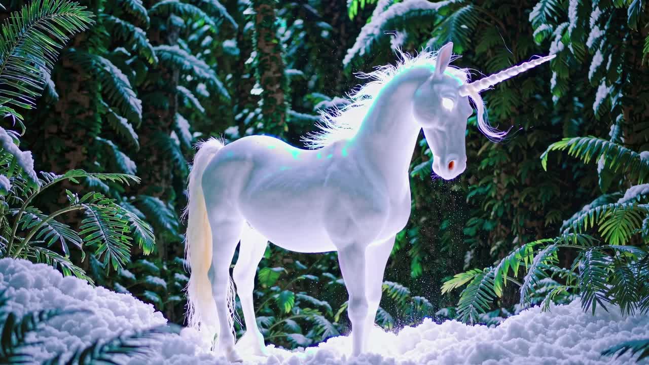 A mystical unicorn stands in a snowy forest, illuminated with a magical glow