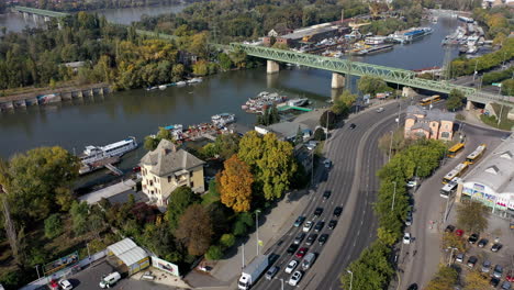 aerial view danube river in budapest, autumn day