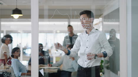 Joven-Empresario-Asiático-Escribiendo-En-Pizarra-De-Vidrio-Líder-De-Equipo-Entrenando-A-Colegas-En-Reuniones-De-Intercambio-De-Ideas-Estrategia-De-Resolución-De-Problemas-Compartiendo-Ideas-En-Seminario-De-Presentación-De-Oficina-4k