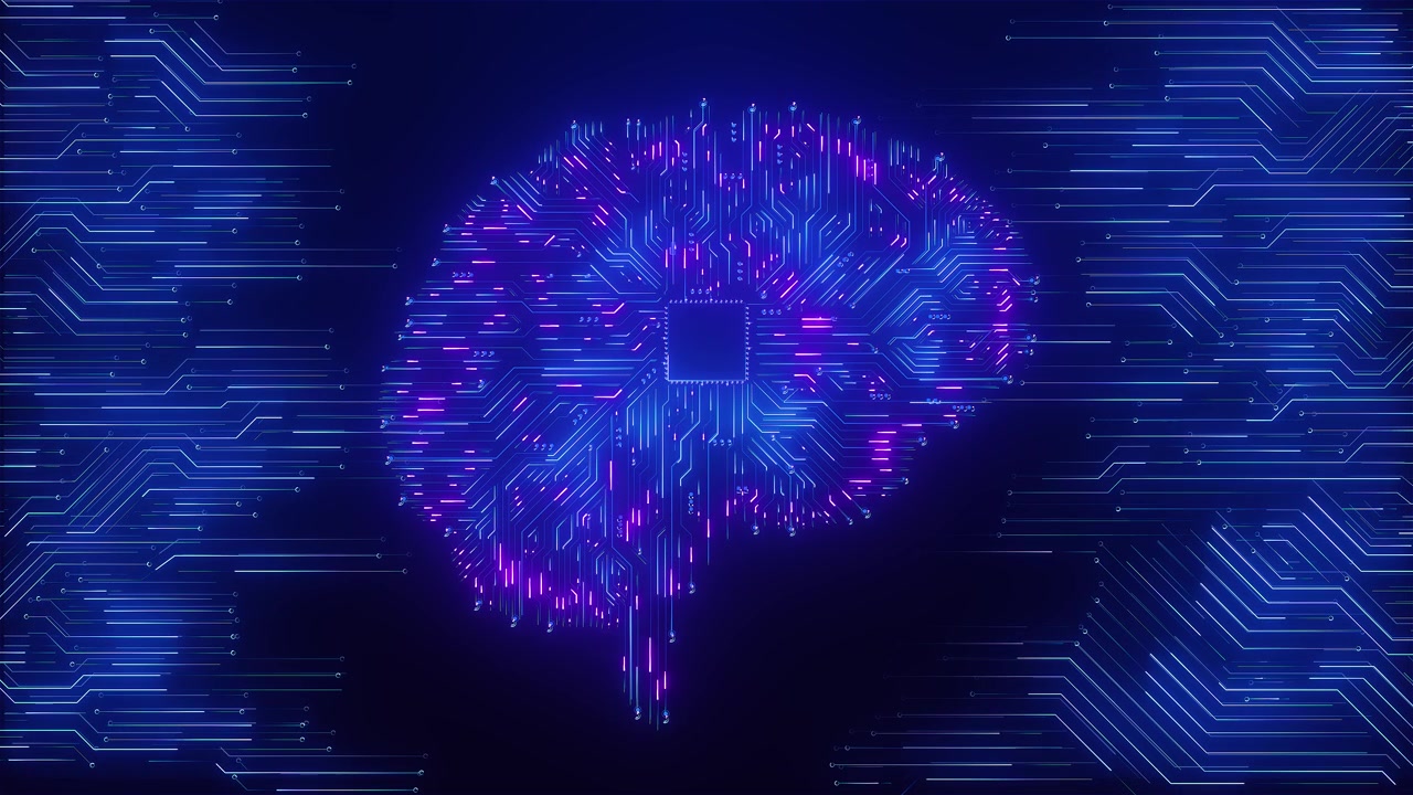 Neural processor brain visual with luminous circuit paths blue purple glow micro chip center and