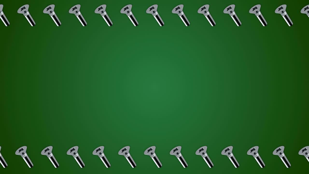 los tornillos metálicos, los pernos, el patrón, el borde verde, el marco, el bucle de fondo.