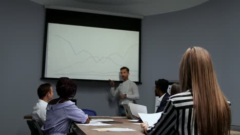 un joven empleado de la empresa con una camisa blanca informa sobre el progreso del trabajo realizado en el último año y los planes de desarrollo para el trimestre ocupado en el diagrama del proyector en la oficina. informe a la junta directiva un equipo multiétnico