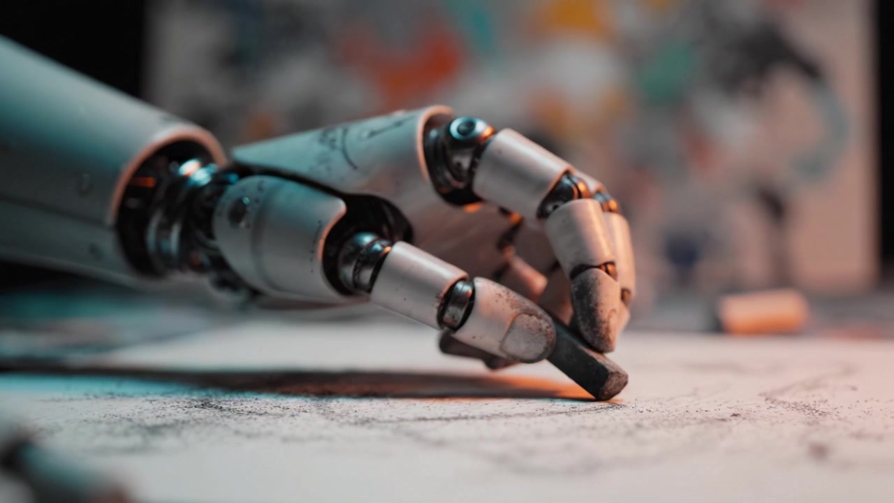 An Artistic Robot Hand in Action: Creating a Beautiful Sketch on Paper with Precision and Delicacy Using Charcoal, Showcasing the Fusion of Technology and Art