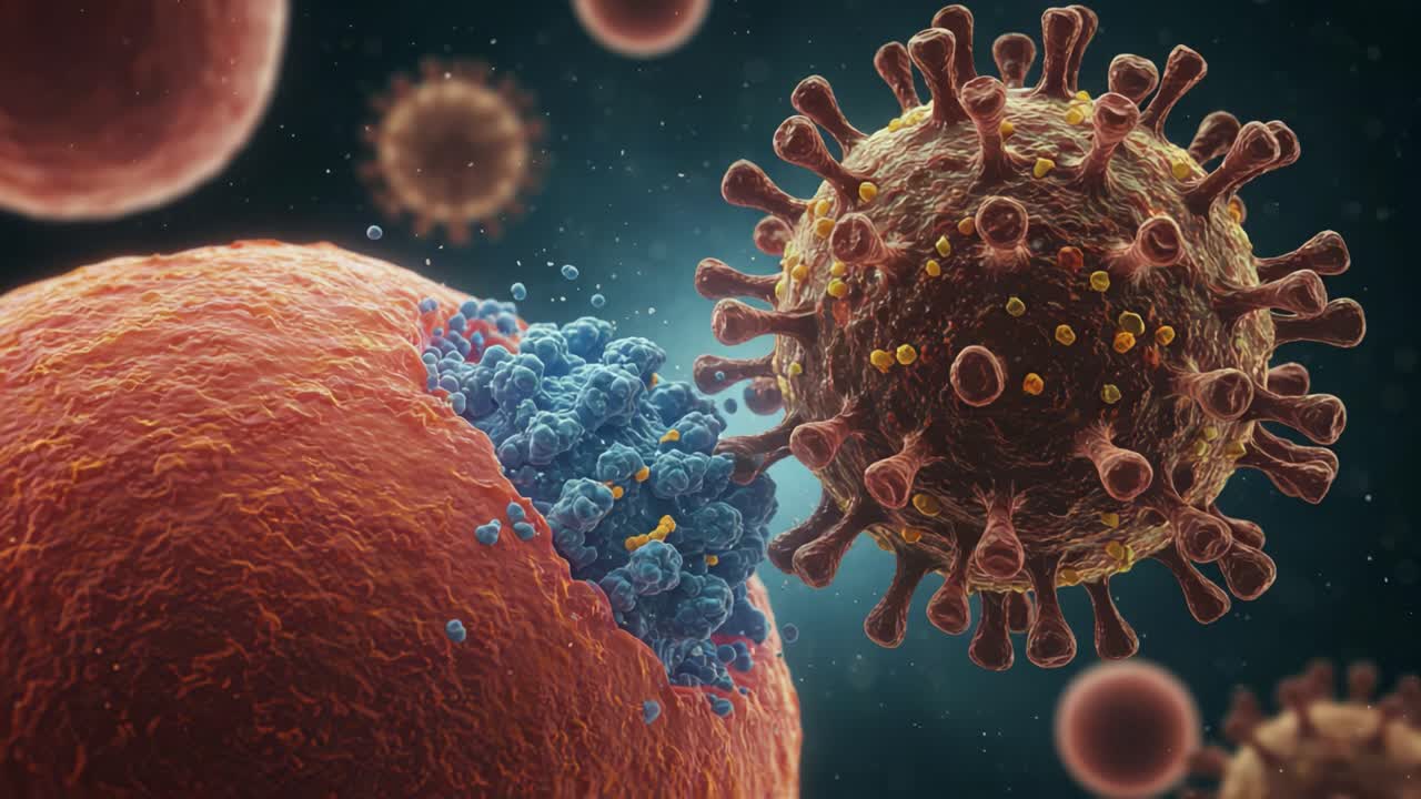 Interazione complessa tra particelle virali e cellule ospiti: visualizzazione dell'attacco virale e della penetrazione durante il processo di infezione nel mondo microscopico