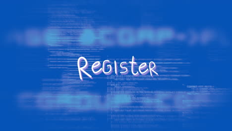 animation of register text over data processing on blue background