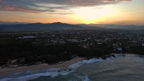 Puerto-Escondido-Aerial-Drone-Above-Sunrise-Bacocho-Zicatela-Punta-Beach-Mexico