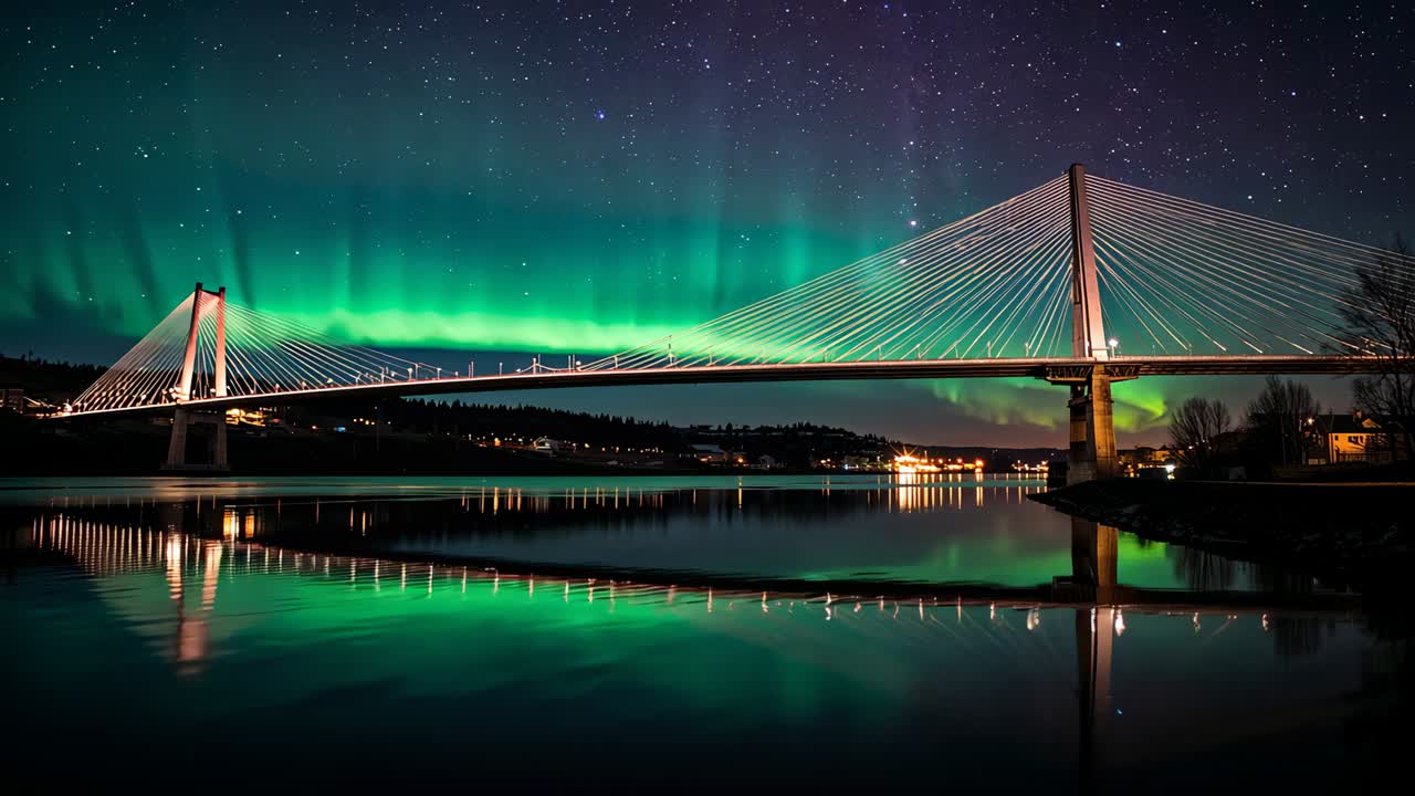 Brightening green auroral band expanding above cable-stayed bridge, reflecting on calm river