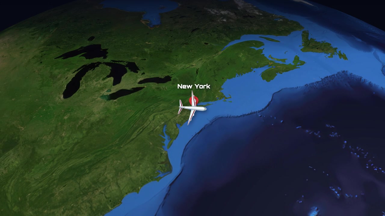 Digital animation tracking a commercial airplane flying from Denver to New York across North America.