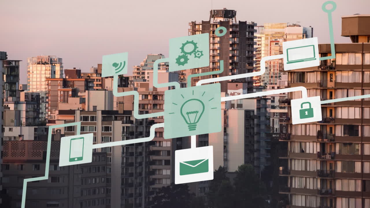 Smart city technology icons animation over urban buildings at sunset