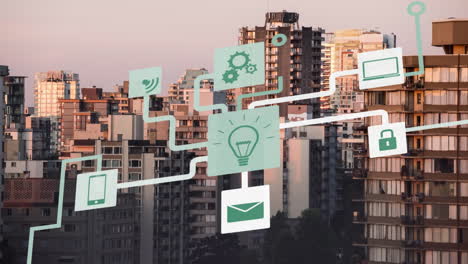 smart city technology icons animation over urban buildings at sunset