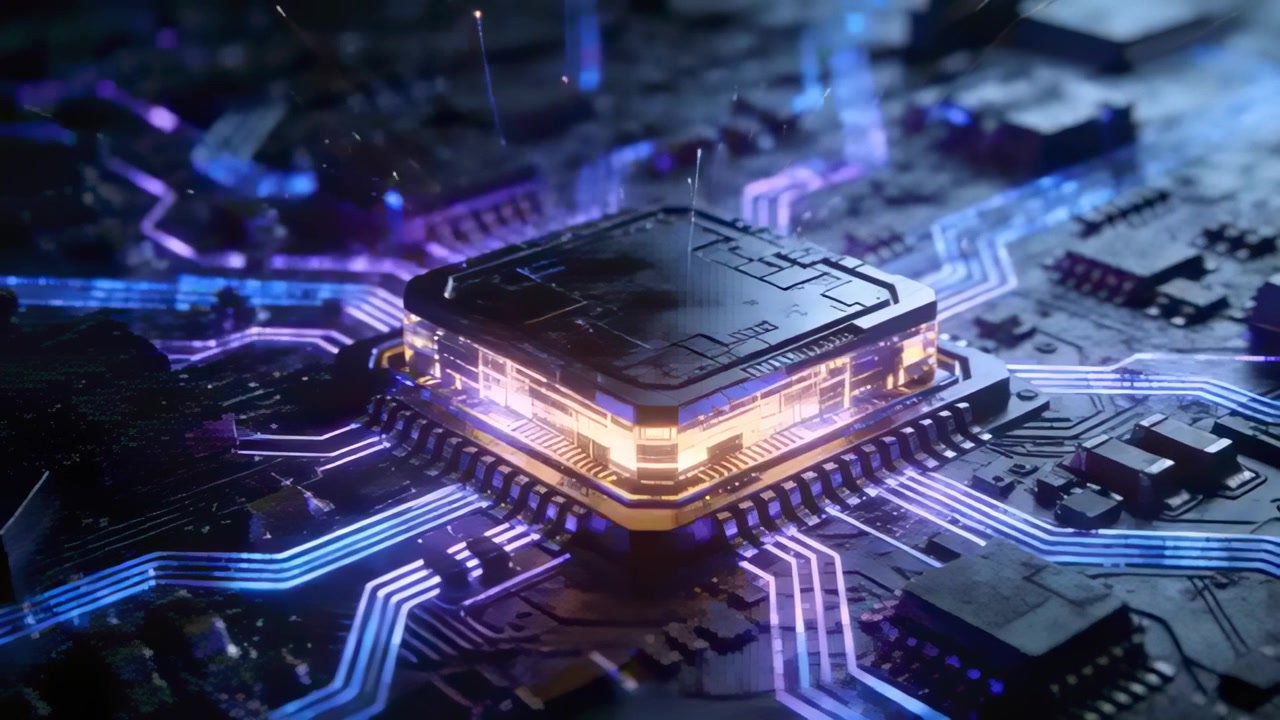 Receiving power, processor powering up on PCB, emitting amber light, blue-purple traces and sparks