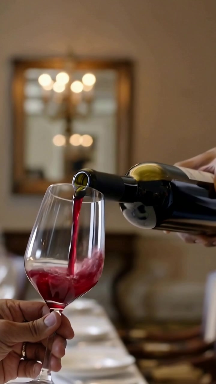 Video verticale: Versamento di vino rosso in un bicchiere, cameriere in gilet che risponde a un ospite al tavolo, spazio per il testo.