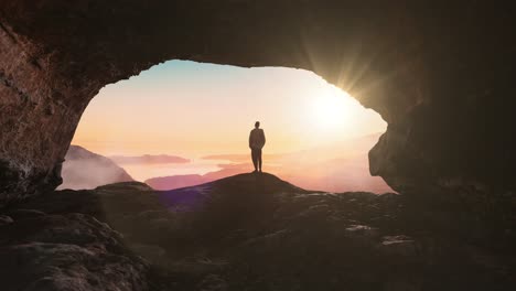 adventure man in a rocky cave on top of a mountain