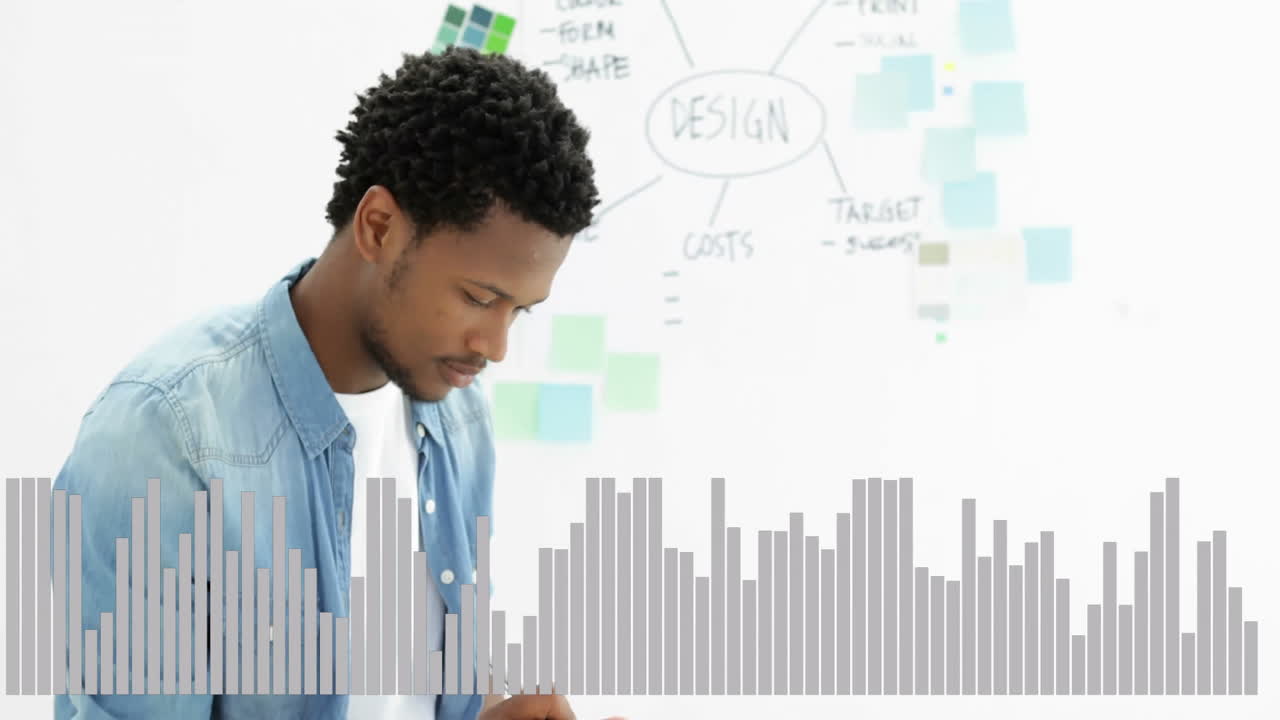 Bar chart animation over man working on design project with sticky notes
