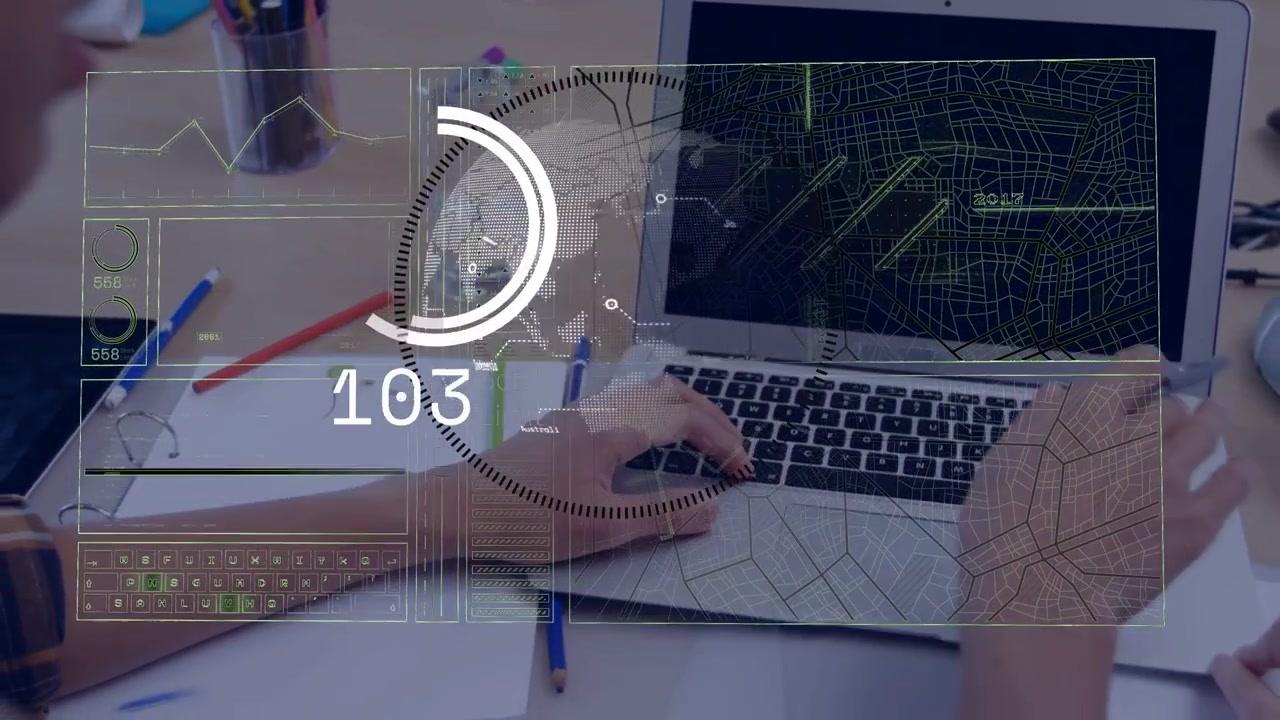 Hands resting keyboard starting AR HUD map and circular gauge rising then falling, techs analyzing
