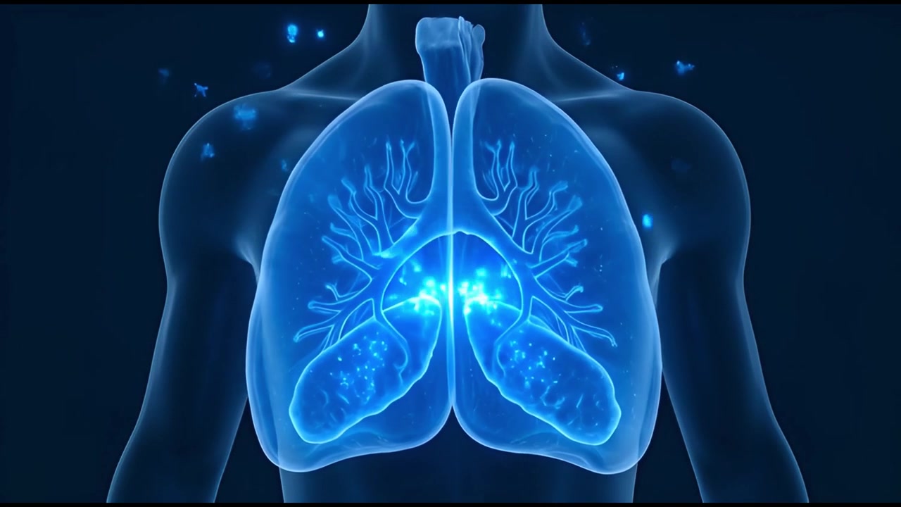 Animazione 3D di polmoni umani e del sistema respiratorio con particelle luminose.