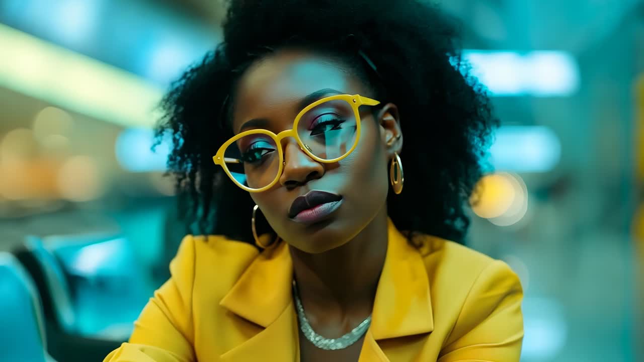 una mujer con un traje amarillo y gafas sentada en una silla