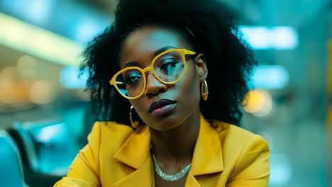 a woman in a yellow suit and glasses sitting on a chair