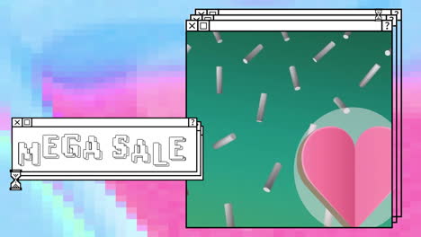 animación de texto de mega venta sobre pantallas de computadora y fondo vibrante