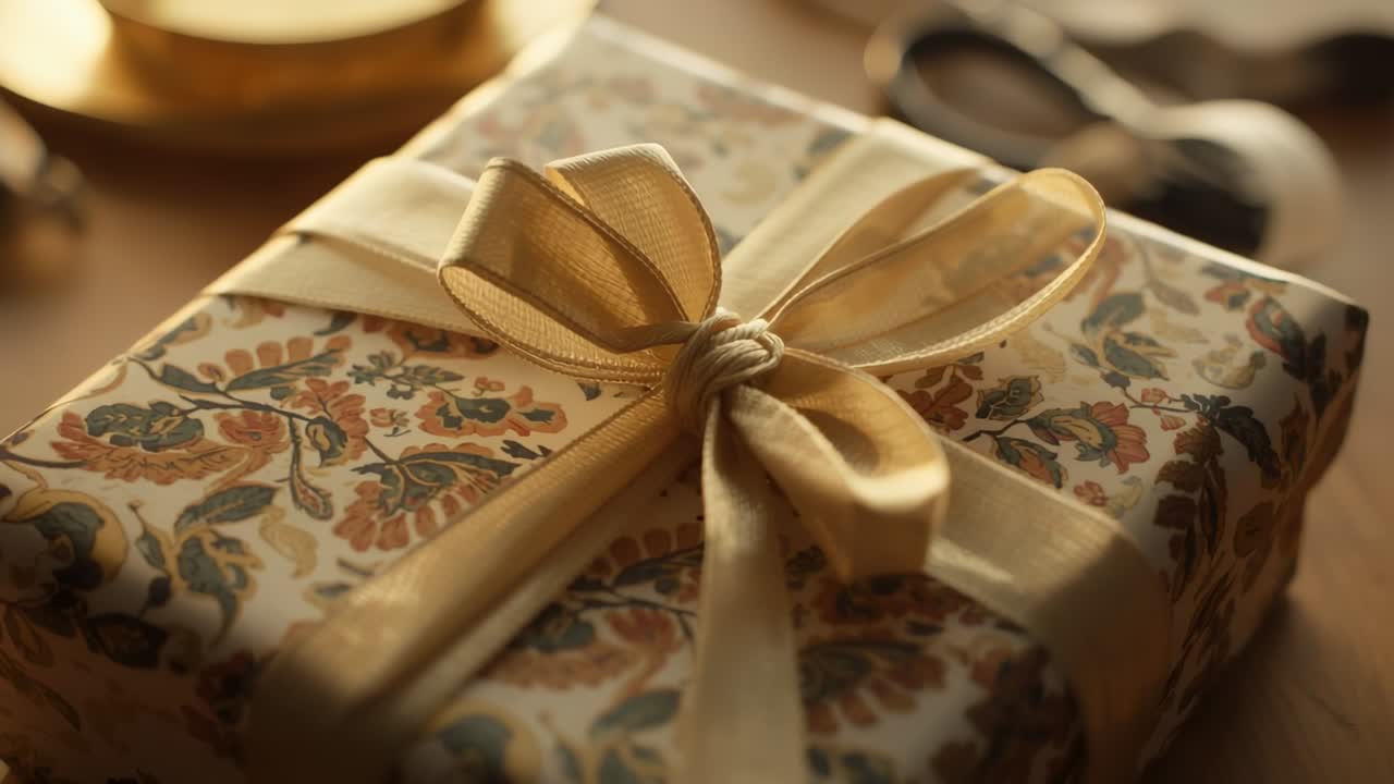 Starting in workspace, camera shifting focus from ribbon bow to floral paper with scissors and bowl