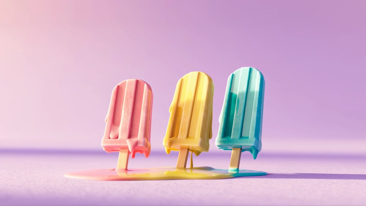 Close-up studio-opname vanuit laag standpunt van drie kleurrijke bevroren lekkernijen op stokjes, met geleidelijk smelten, glanzende druppels, romige plasjes en een speels zomerkleurcontrast tegen een gladde gradiëntachtergrond.