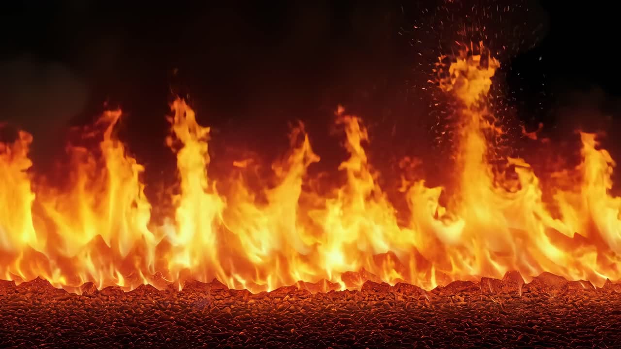 A dynamic video of intense flames, captured from a low-angle, showcasing vivid orange and red hues