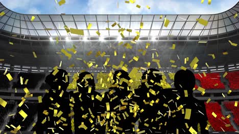 golden confetti falling over silhouette of fans cheering against sports stadium