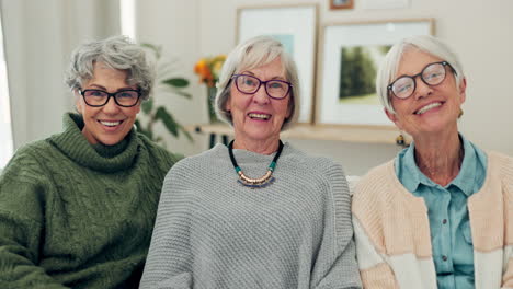 face, glasses and senior friends in home