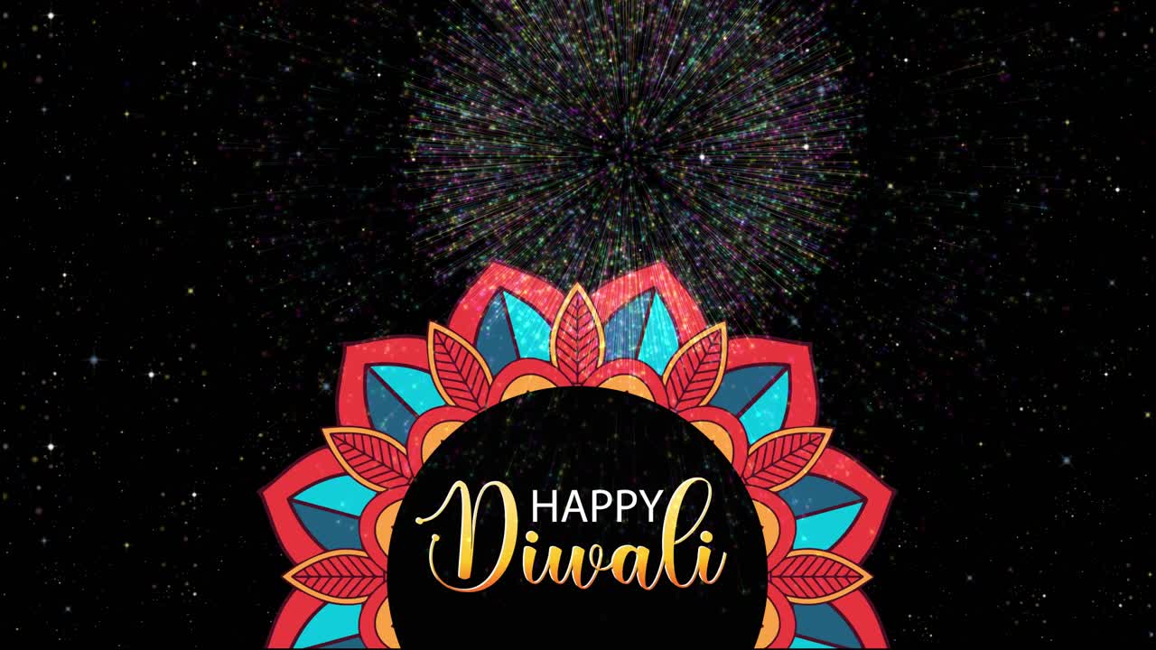 Testo animato "Happy Diwali" all'interno di un vibrante mandala con fuochi d'artificio colorati che esplodono su sfondo nero